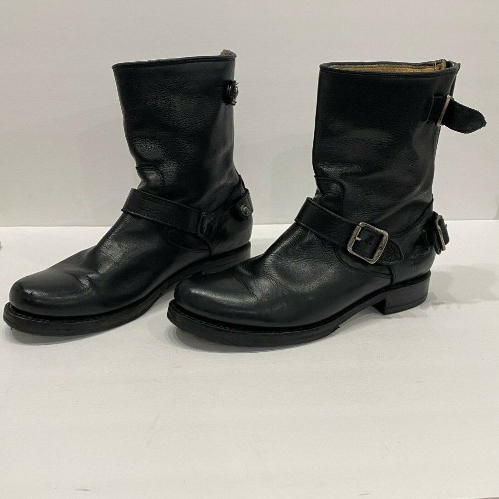 Frye Black Leather Moto Combat Boots with Buckle Strap - Picture 5 of 9